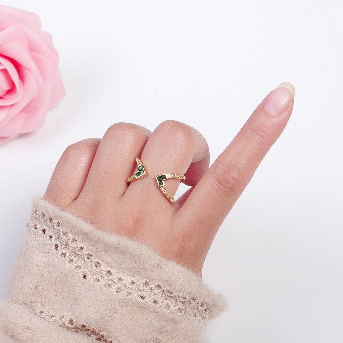 Micro Pave Double Band Cubic Zirconia Green Heart Adjustable Open Ring O-780 - DLUXCA