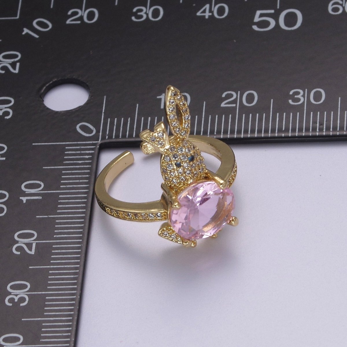 Micro Pave Easter Bunny Ring With Pink Cz Stone Rabbit Open Adjustable Ring S-373 - DLUXCA