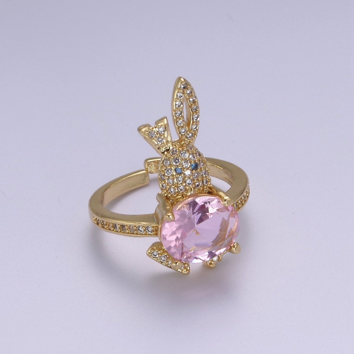 Micro Pave Easter Bunny Ring With Pink Cz Stone Rabbit Open Adjustable Ring S-373 - DLUXCA