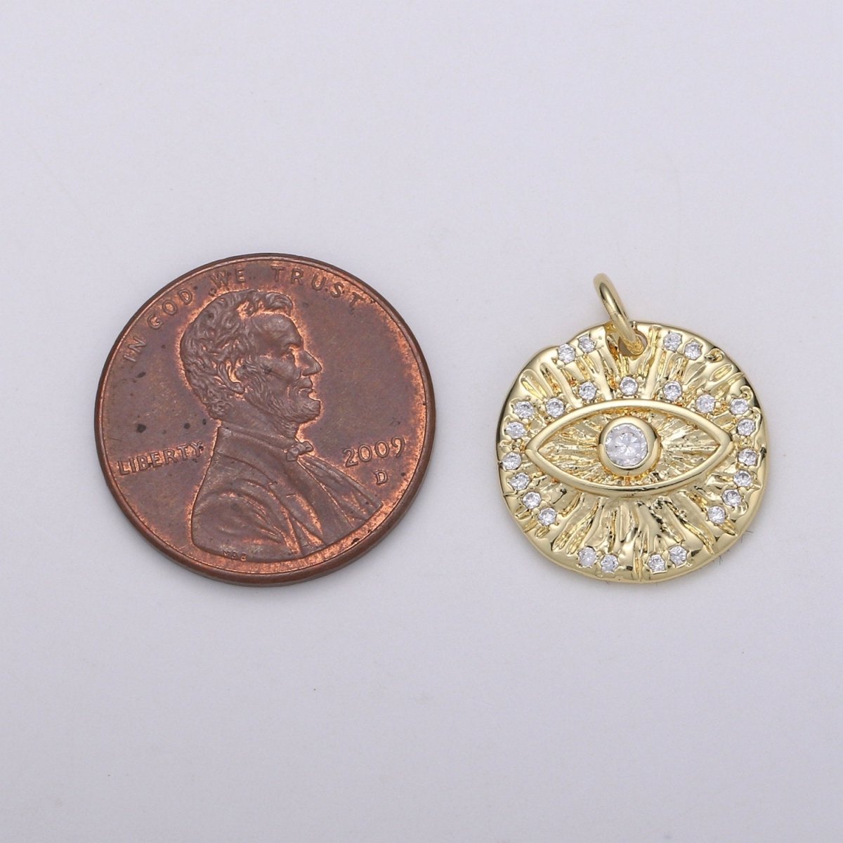 Micro Pave Evil eye Charm, Gold Medallion with Cubic Pendant, Dainty Evil Eye Charm, Bohemian Jewelry Amulet Protection Necklace Supply C-820 - DLUXCA