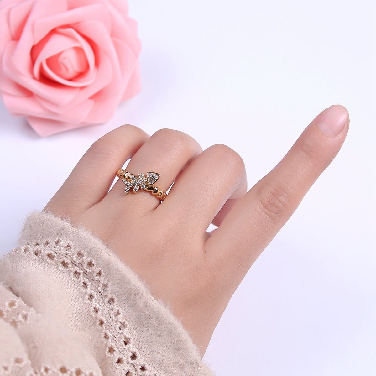 Micro Pave Fish Bone Ring, Heart Textured Gold Adjustable Band Ring, 24K Gold Filled Nature Ocean Wildlife Under The Sea Ring U-438 - DLUXCA