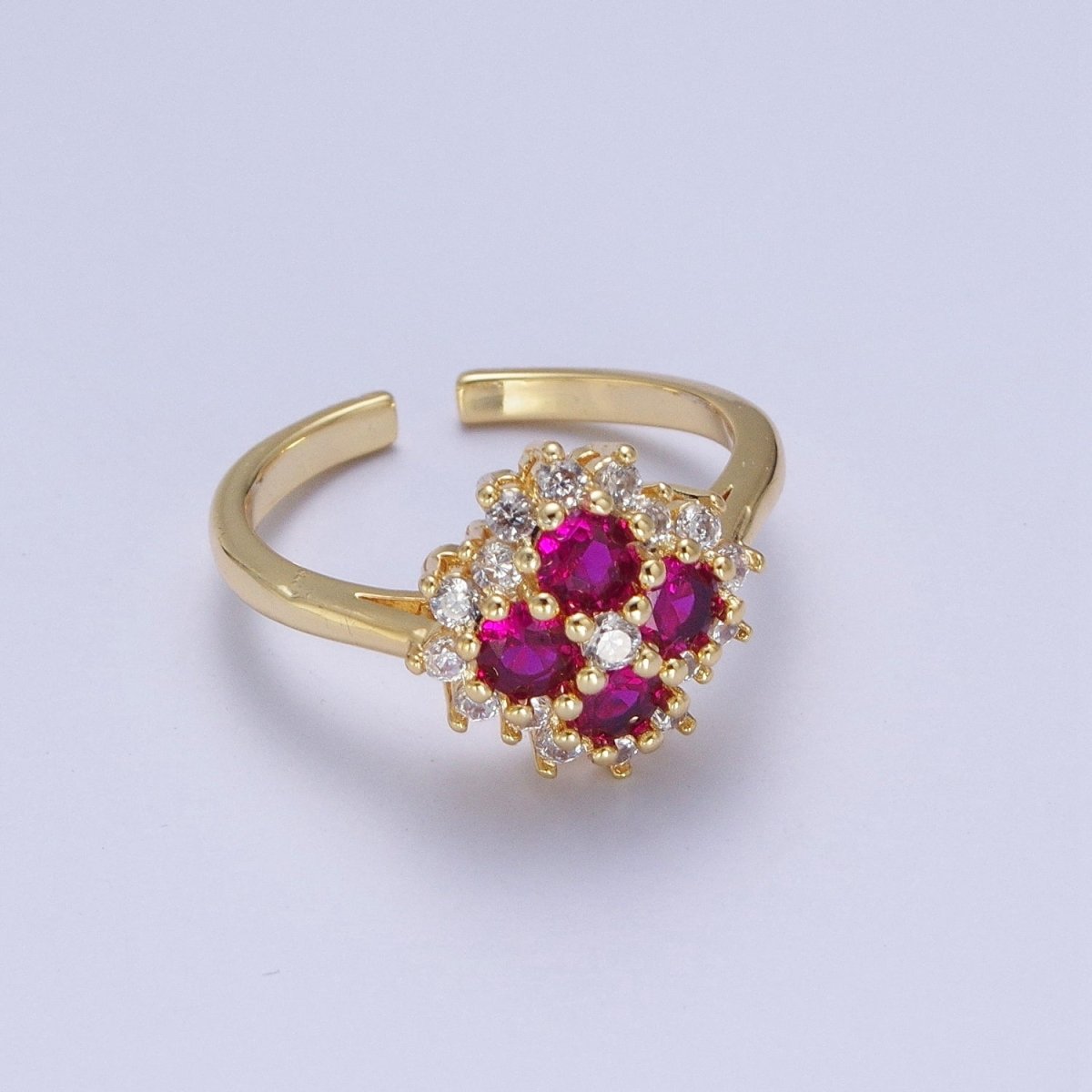 Micro Pave Four Fuchsia Cubic Zirconia Flower Adjustable Gold Ring S-221 - DLUXCA