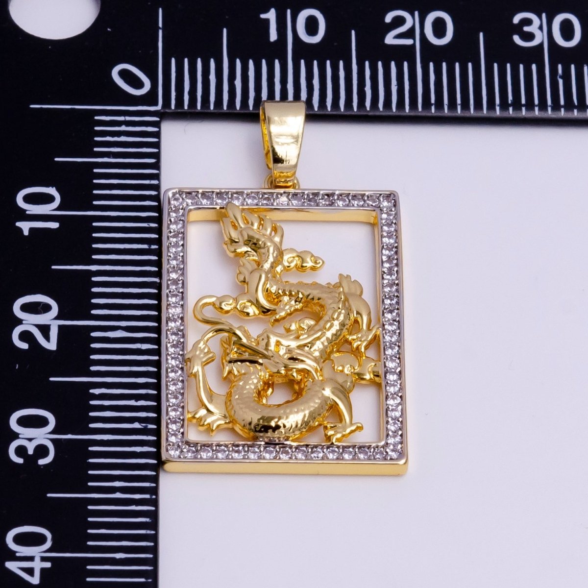 Micro Pave Gold Dragon Tablet Pendant Chinese Zodiac Charm Frame Necklace Pendant AA-754 - DLUXCA
