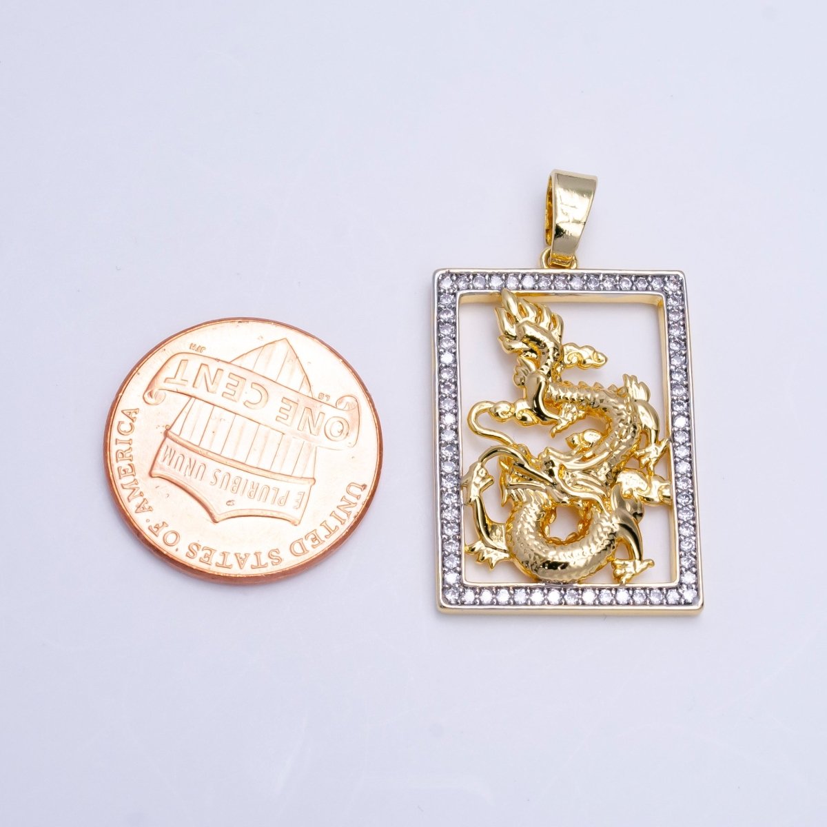 Micro Pave Gold Dragon Tablet Pendant Chinese Zodiac Charm Frame Necklace Pendant AA-754 - DLUXCA