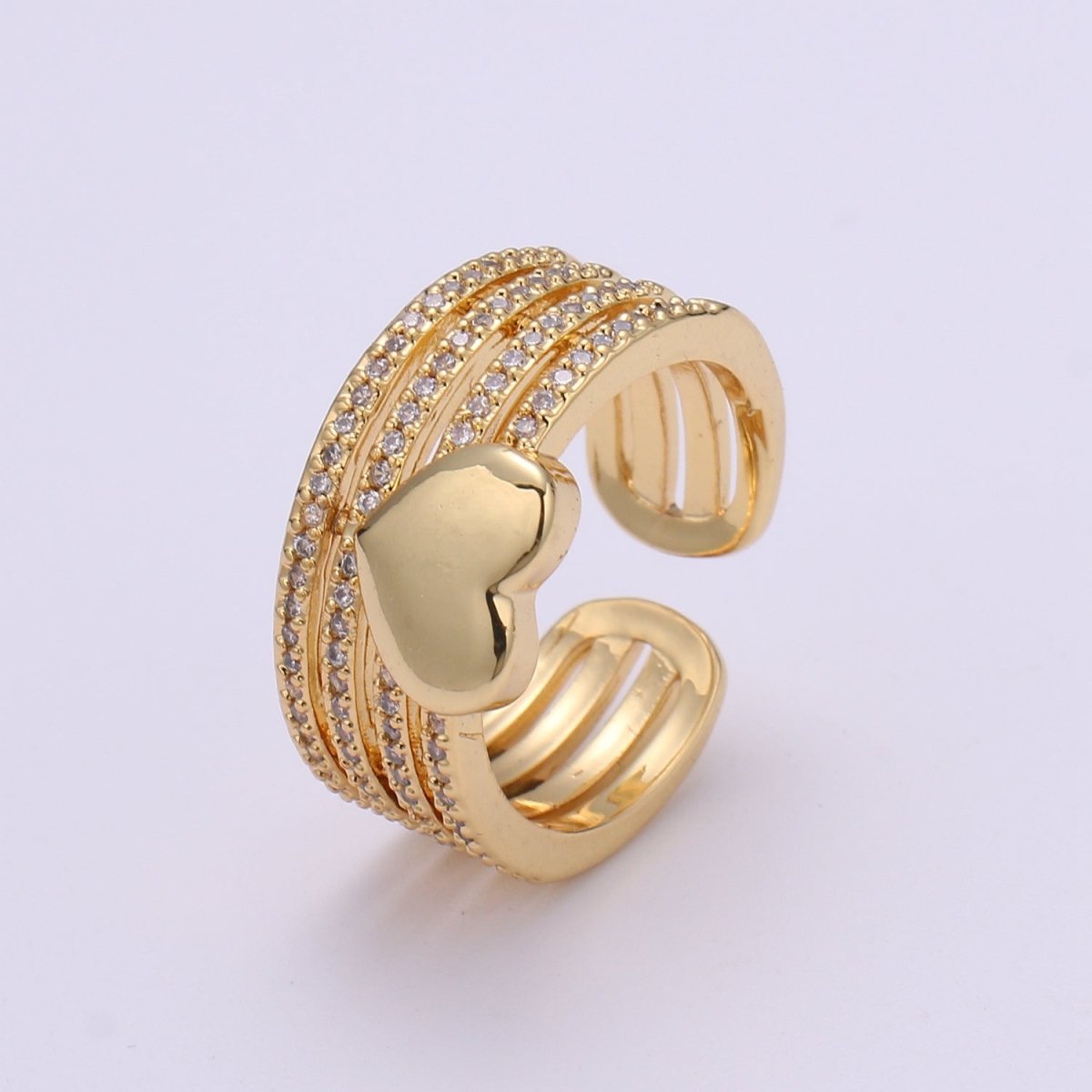 Micro Pave Gold Heart Ring, Love Ring, Open Heart Ring, Adjustable Open Ring, Gold Stacking Ring, Chunky Heart Ring US Size 6 O-285 - DLUXCA