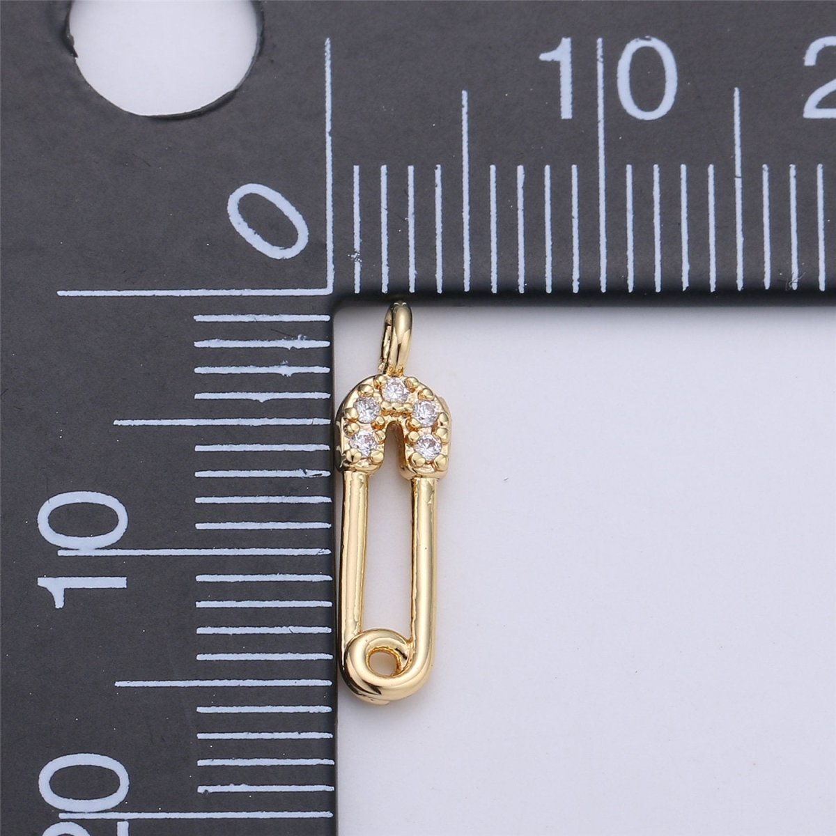 Micro Pave Gold Safety Pin Charms, Cubic Zirconia Charm for Necklace Bracelet Earring Charm, Pin, 16x4mm | C-664 - DLUXCA