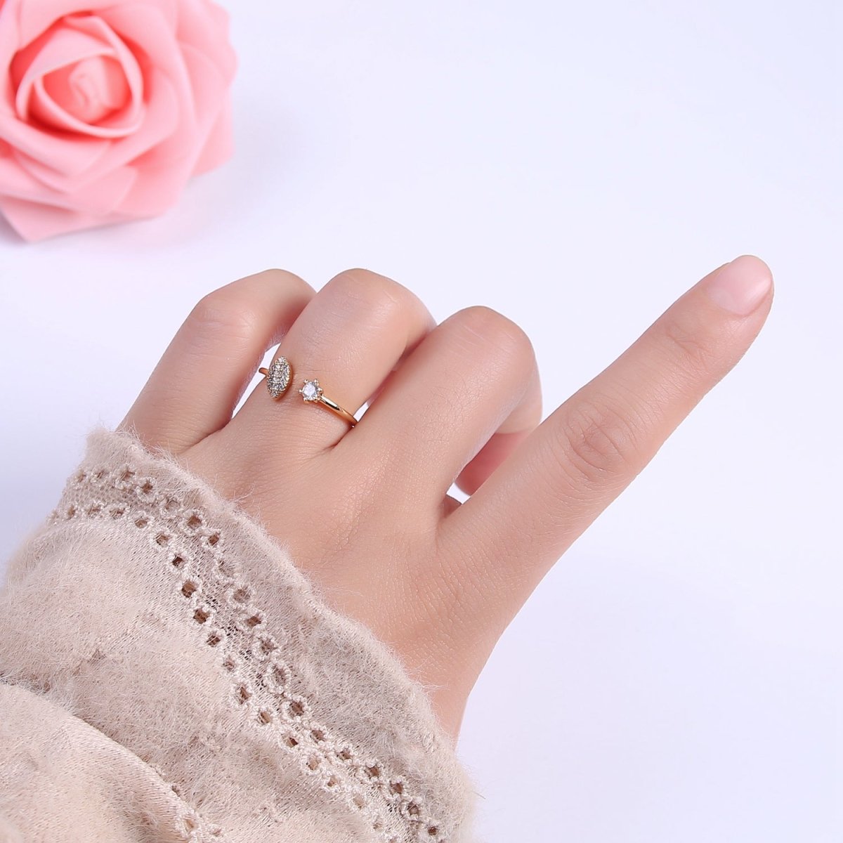 Micro Pave Gold Sharp Angle Oval Open Ring, 16K Gold Filled Crystal Cubic Zirconia CZ Statement Ring, Minimalist Stacking Ring U-434 - DLUXCA