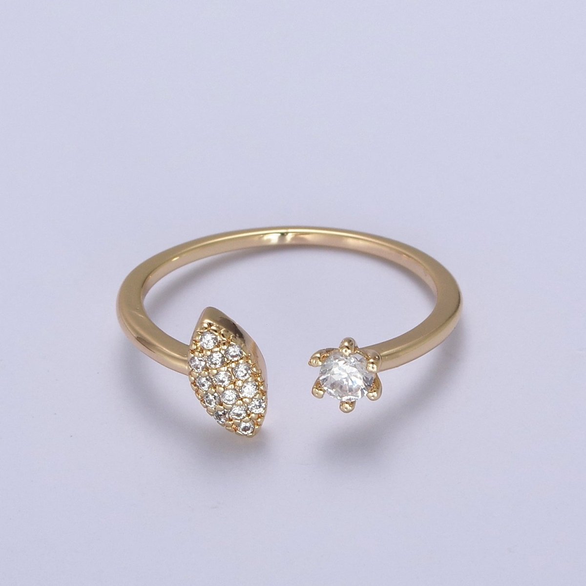 Micro Pave Gold Sharp Angle Oval Open Ring, 16K Gold Filled Crystal Cubic Zirconia CZ Statement Ring, Minimalist Stacking Ring U-434 - DLUXCA