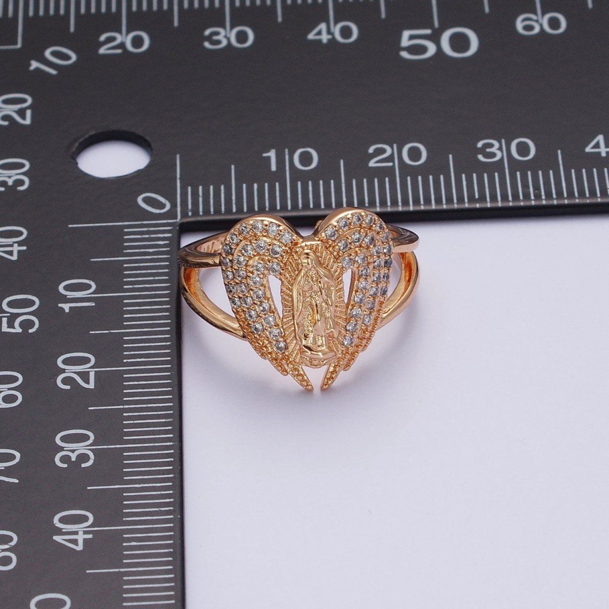 Micro Pave Gold Vintage Lady Guadalupe Ring with Angel Wing for Statement Religious Jewelry O-1989 - DLUXCA