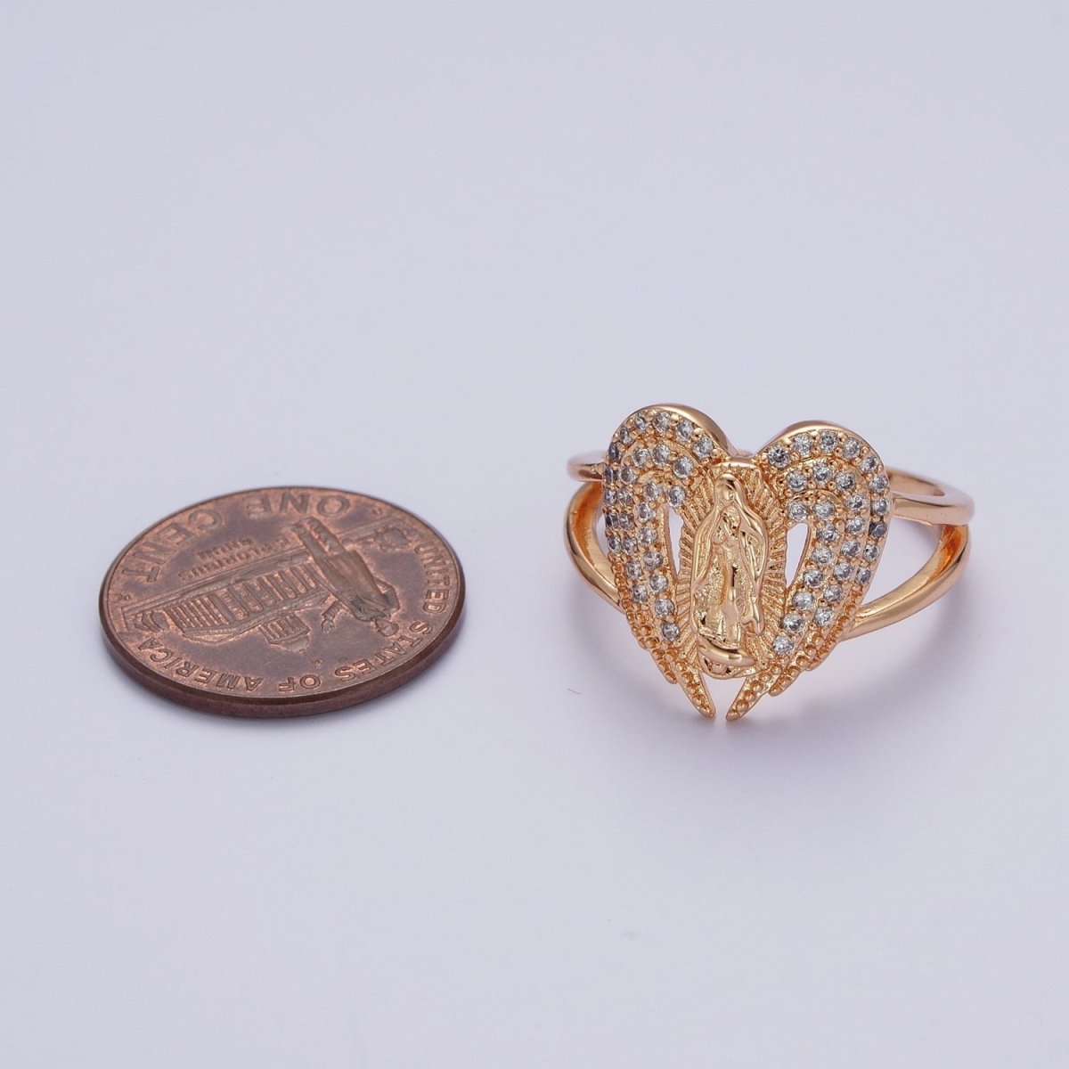 Micro Pave Gold Vintage Lady Guadalupe Ring with Angel Wing for Statement Religious Jewelry O-1989 - DLUXCA