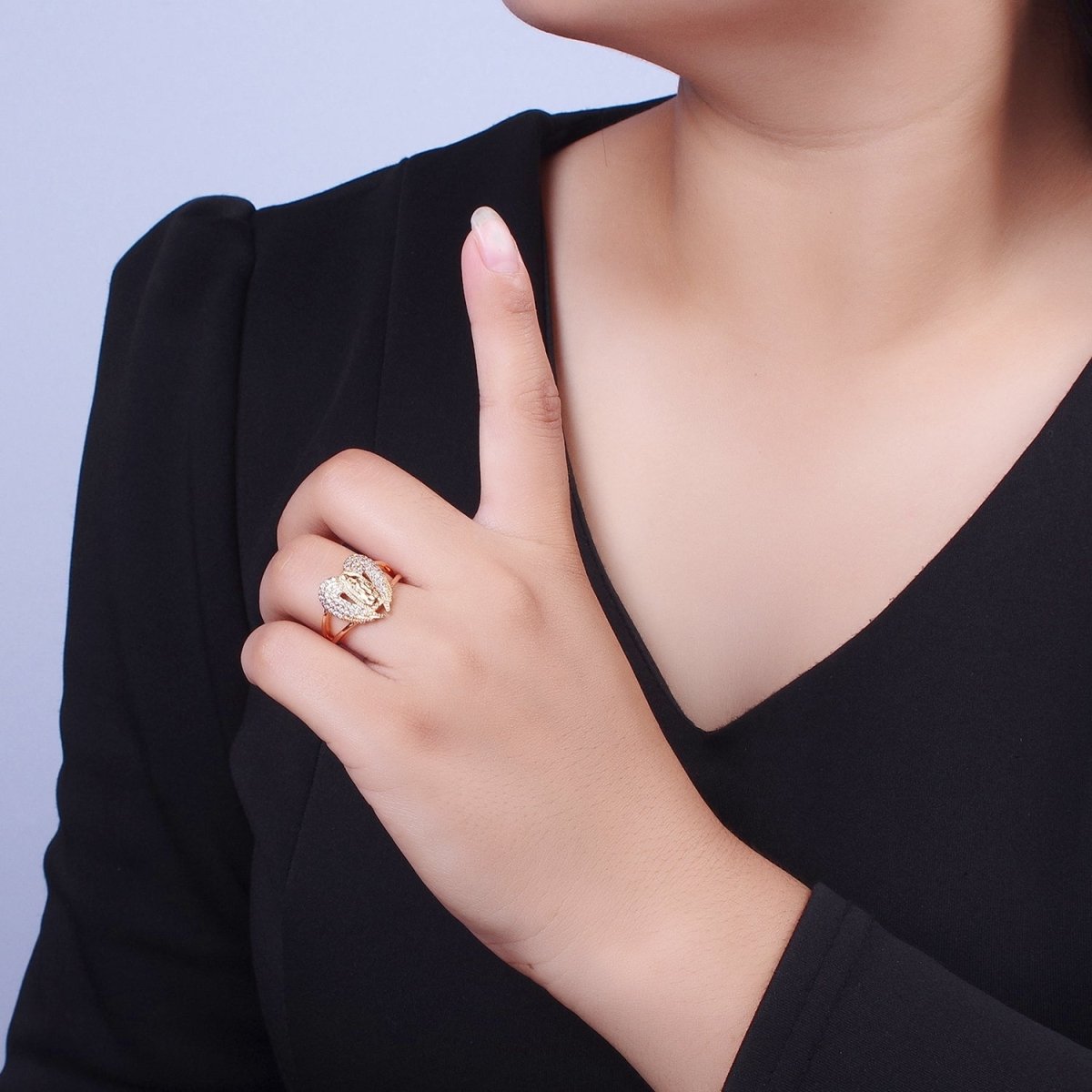 Micro Pave Gold Vintage Lady Guadalupe Ring with Angel Wing for Statement Religious Jewelry O-1989 - DLUXCA