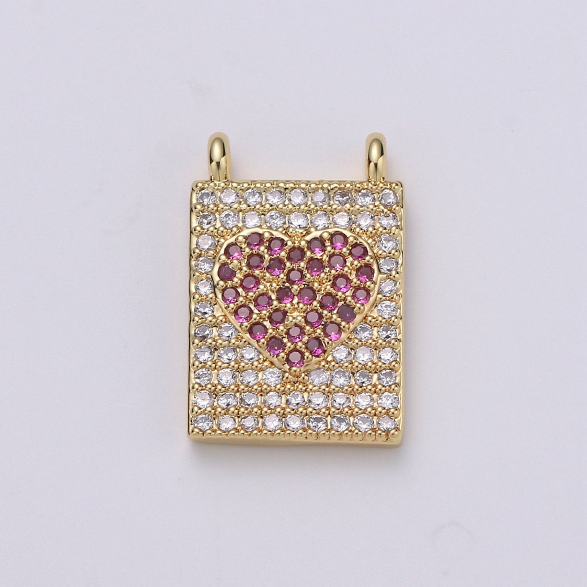 Micro Pave Heart Charm for Necklace Gold Heart Banner charm with double bail connector F-402 - DLUXCA