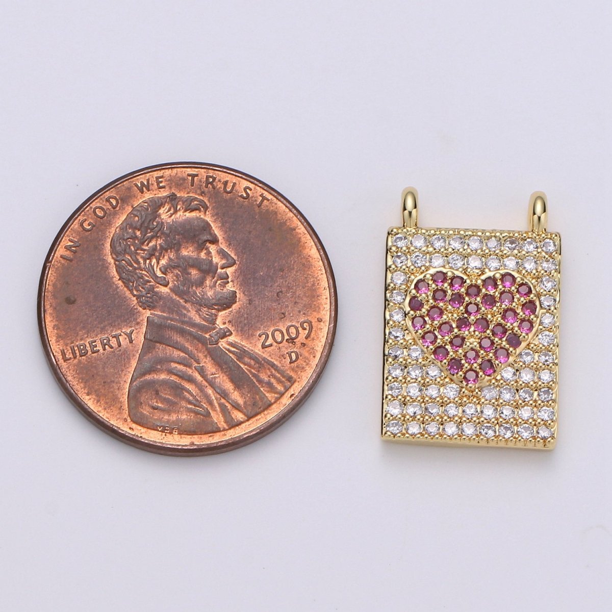 Micro Pave Heart Charm for Necklace Gold Heart Banner charm with double bail connector F-402 - DLUXCA