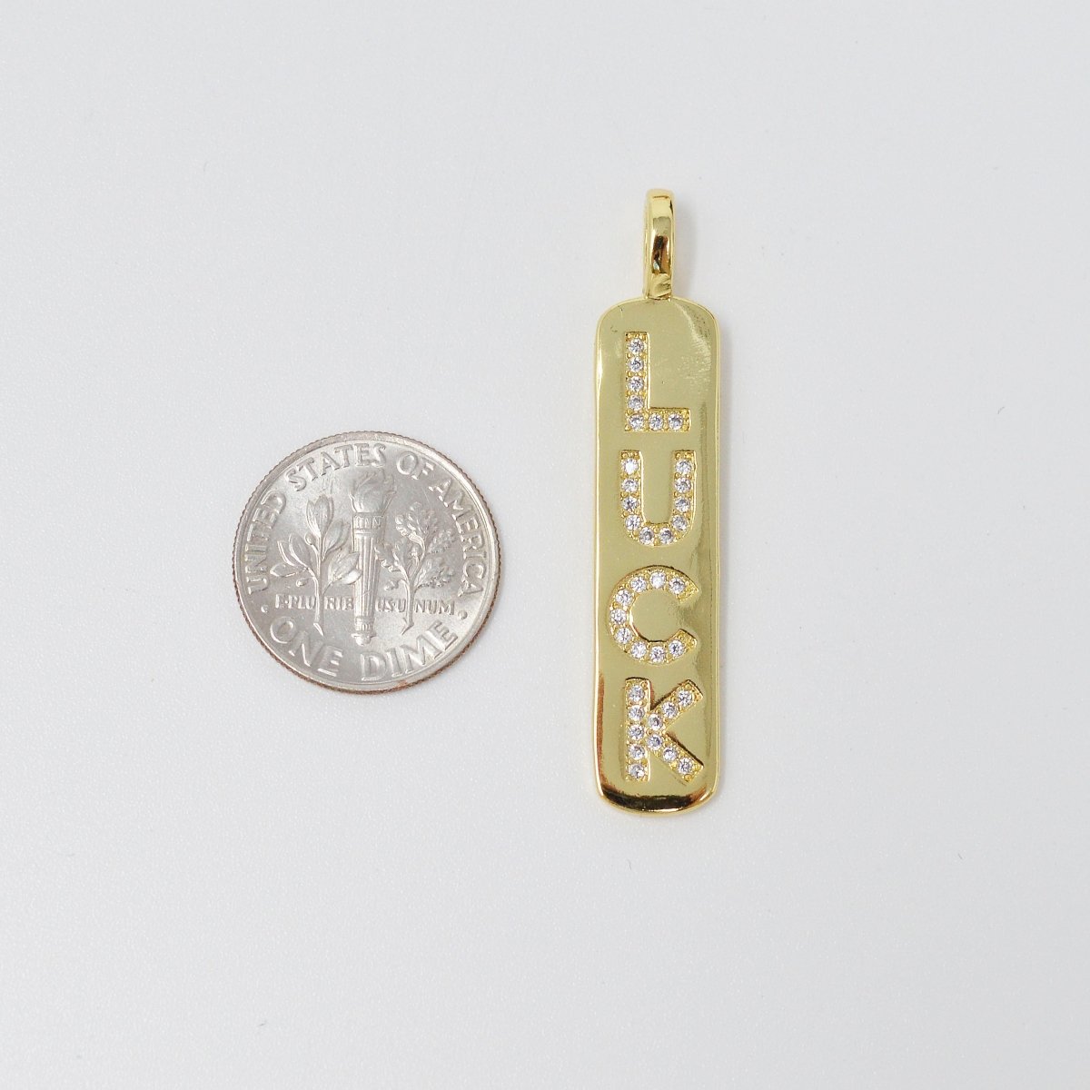 Micro Pave Luck Word Charm Rectangle in 14k Gold Filled Drop Pendant Long Encouragin Word Girl Charm for Necklace Earring Component, J-278 - DLUXCA