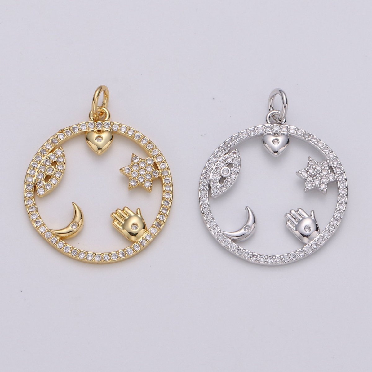 Micro Pave Medallion lucky Charm ,Gold medallion, Cubic ucky charm,Medallion pendant,Heart, Moon, Star luck, Evil eye Cz medallion Charm D-444 D-445 - DLUXCA