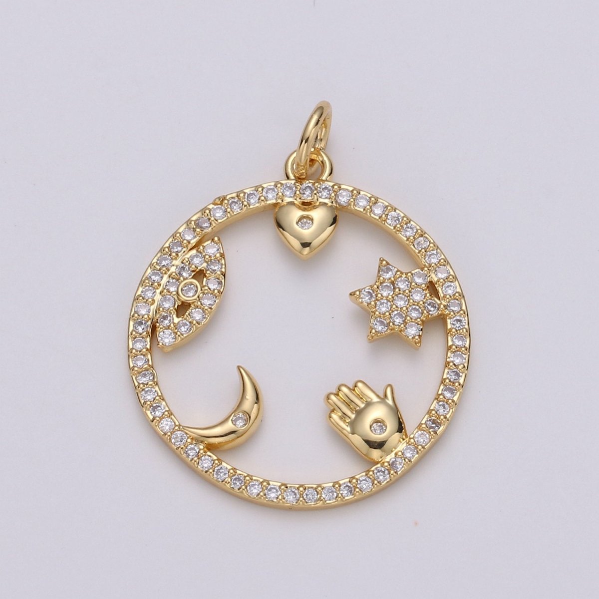 Micro Pave Medallion lucky Charm ,Gold medallion, Cubic ucky charm,Medallion pendant,Heart, Moon, Star luck, Evil eye Cz medallion Charm D-444 D-445 - DLUXCA