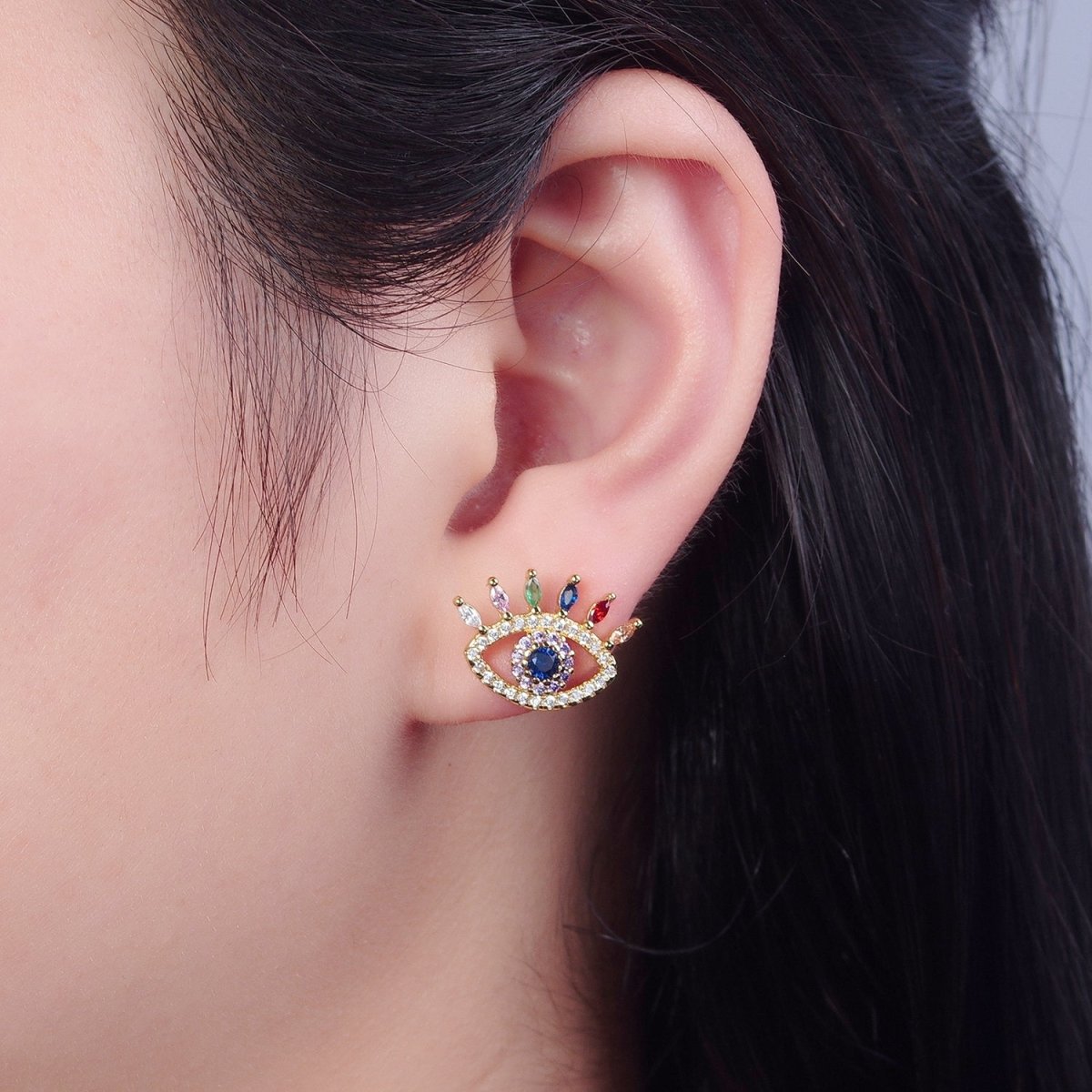 Micro Pave Multicolor CZ Evil Eye Stud Earrings V419 - DLUXCA