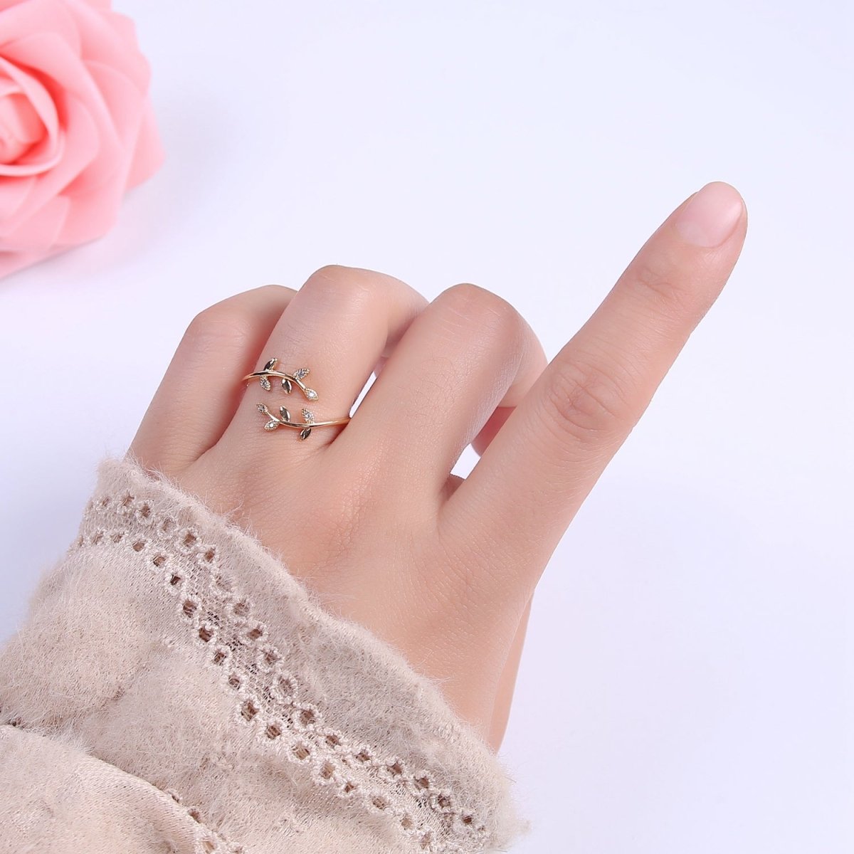 Micro Pave Olive Vine Leaf Adjustable Ring, Crystal Cubic Zirconia CZ Mother Nature Stacking Ring, Minimalist 16K Gold Filled Ring, Gift For Her Plant Mom U-436 - DLUXCA