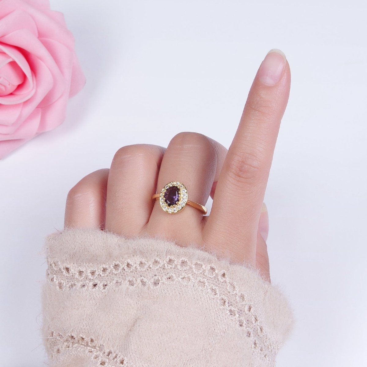 Micro Pave Oval Purple Amethyst Cubic Zirconia CZ Adjustable Gold Ring S-248 - DLUXCA