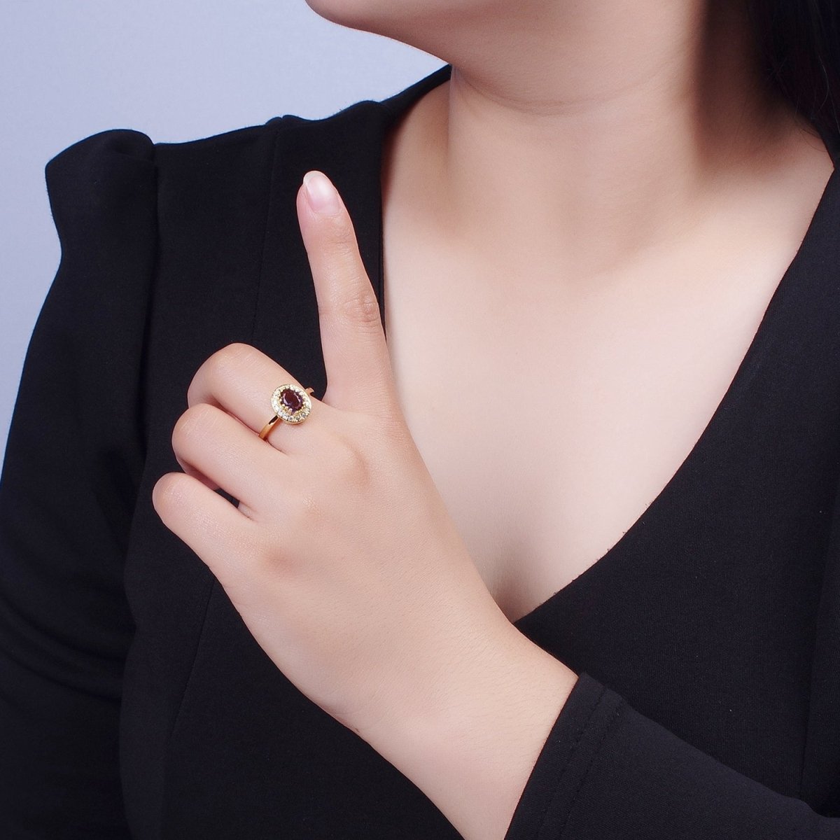 Micro Pave Oval Purple Amethyst Cubic Zirconia CZ Adjustable Gold Ring S-248 - DLUXCA