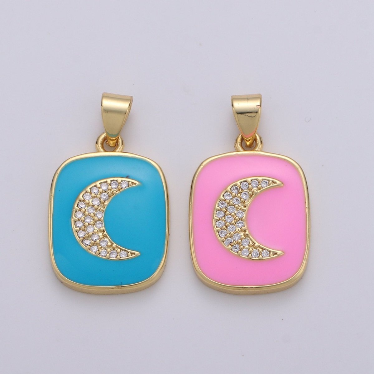 Micro Pave Pink Enamel Moon Charm Pendant, Enamel Crescent moon Pendant, 14K gold Filled Celestial Charm Pastel Pendant Necklace Bracelet J-044,J-045 - DLUXCA