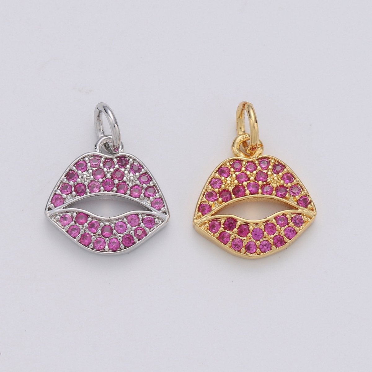 Micro Pave Pink Lips Charm in 14k Gold Filled for Bracelet Earring Necklace Charm Supply / Silver Lips Charm Kiss jewelry, D-188 D-189 - DLUXCA