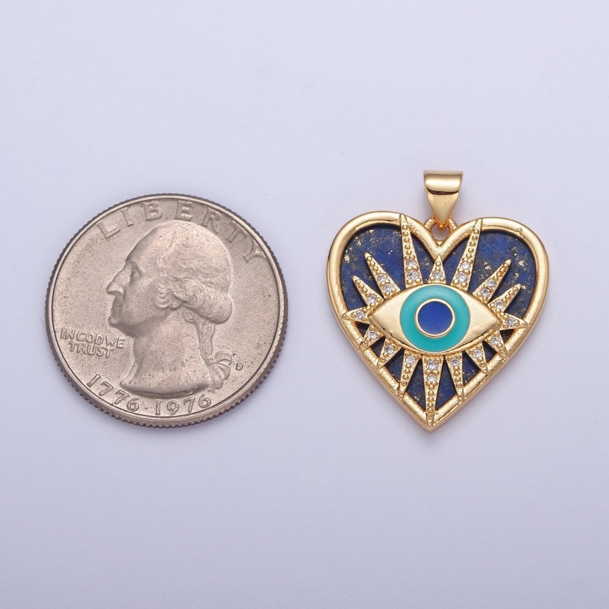 Micro Pave Protection Evil Eye Pendant, Blue Lapiz Heart Pendant H-687 - DLUXCA