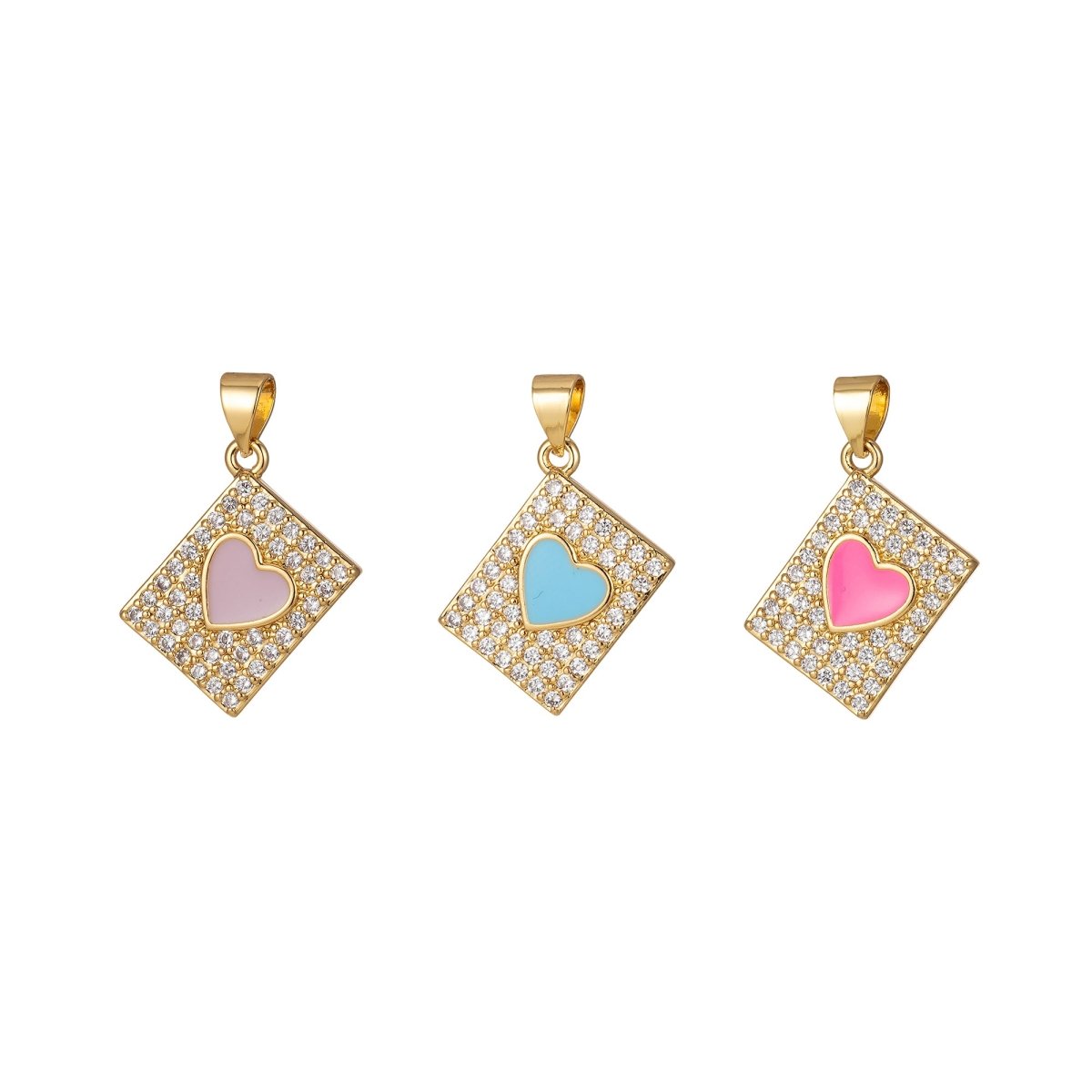 Micro Pave Tile Charm Cubic Heart Enamel Pendant Blue Pink Purple J-818~J-820 - DLUXCA