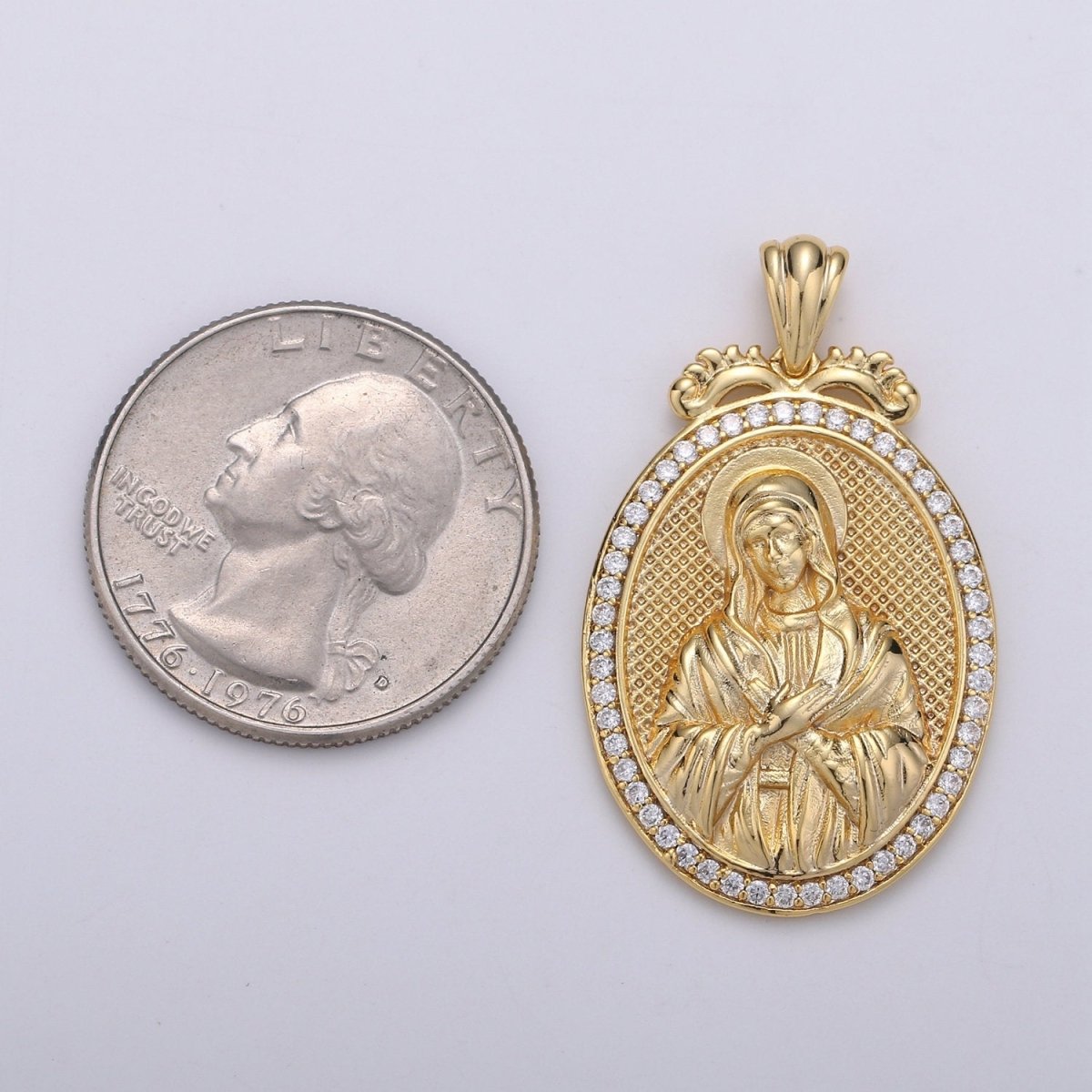 Micro Pave Virgin Mary Pendant Holly Mary 14K Gold Filled Charm Religious medallion, oval pendant, Mother Maria, religious jewelry J-120 - DLUXCA