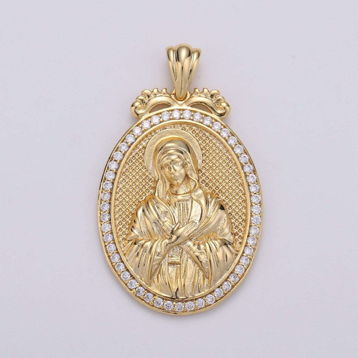 Micro Pave Virgin Mary Pendant Holly Mary 14K Gold Filled Charm Religious medallion, oval pendant, Mother Maria, religious jewelry J-120 - DLUXCA