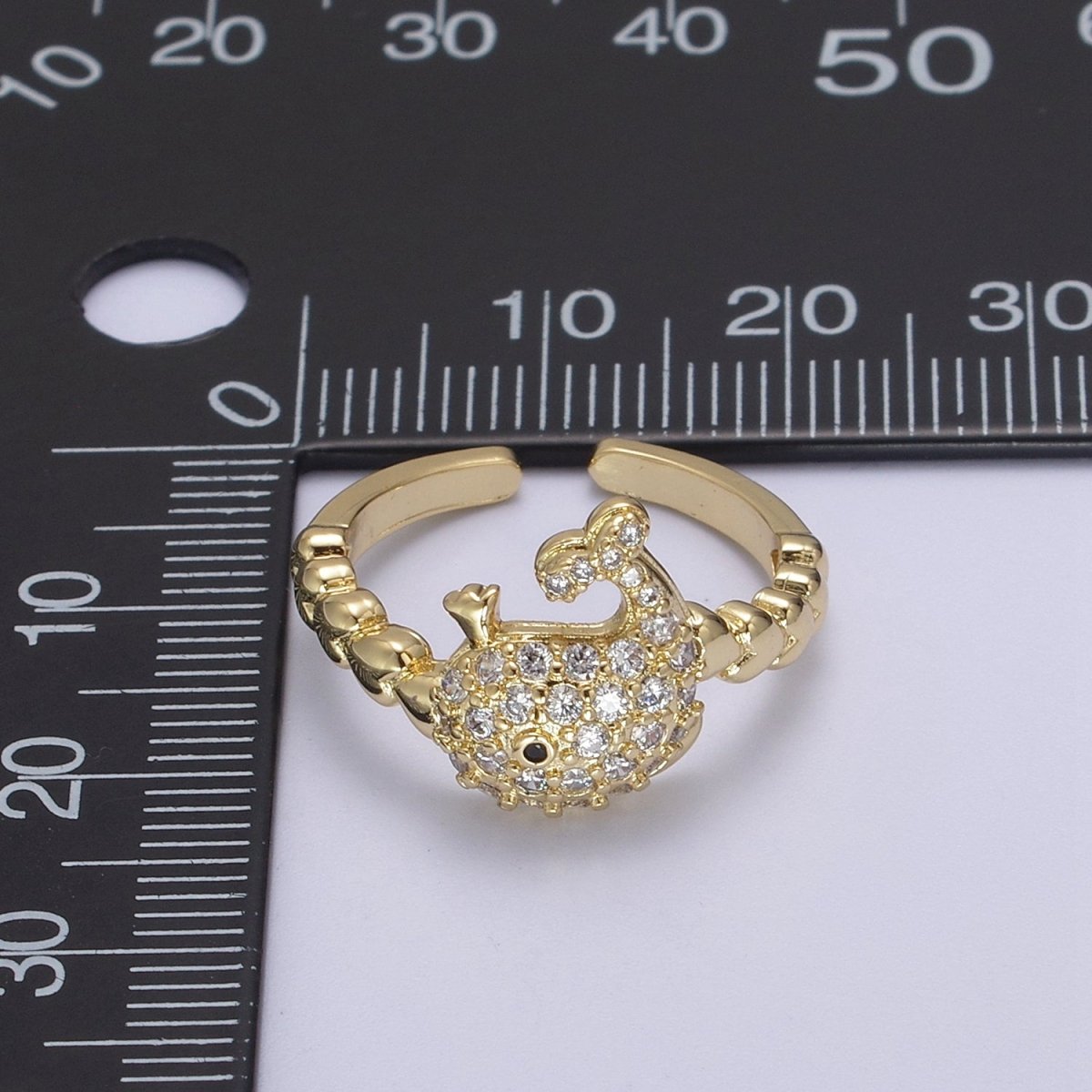 Micro Pave Whale Ring, Heart Textured Gold Adjustable Band Ring, 24K Gold Filled Nature Ocean Wildlife Under The Sea Ring U-439 - DLUXCA