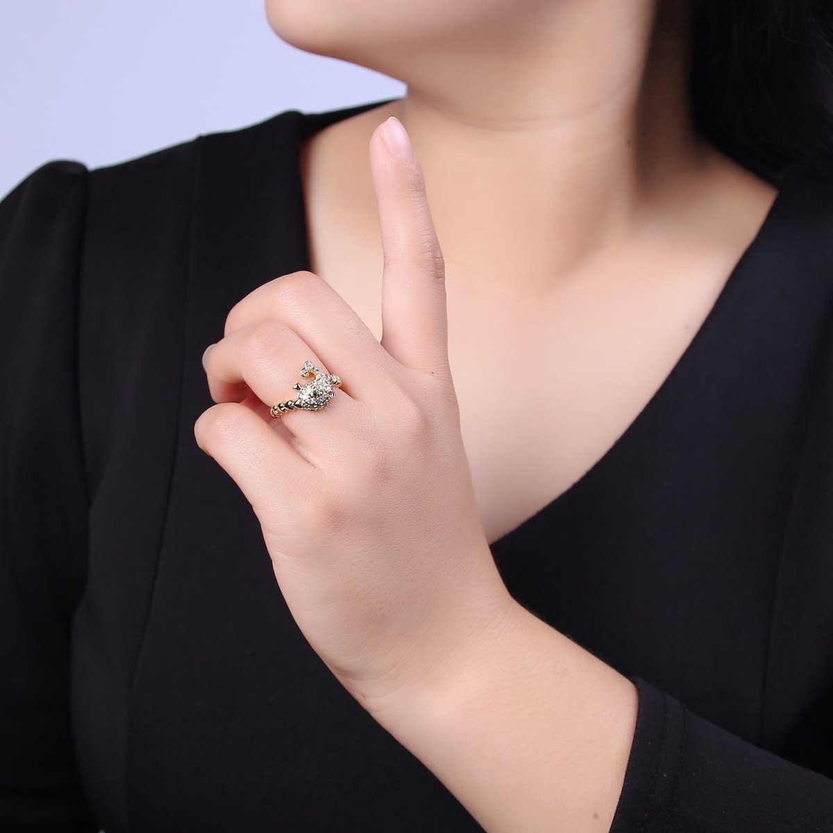 Micro Pave Whale Ring, Heart Textured Gold Adjustable Band Ring, 24K Gold Filled Nature Ocean Wildlife Under The Sea Ring U-439 - DLUXCA