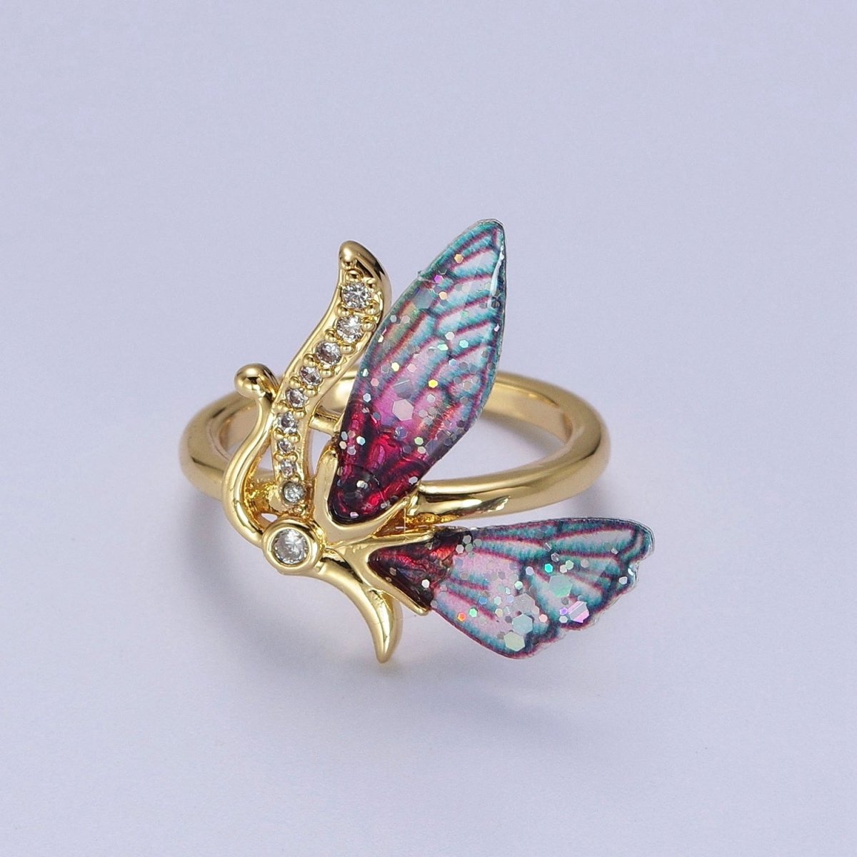 Micro Paved Antenna Butterfly Fairy Fuchsia, Blue Wings Adjustable Ring | Y-398 Y-399 - DLUXCA