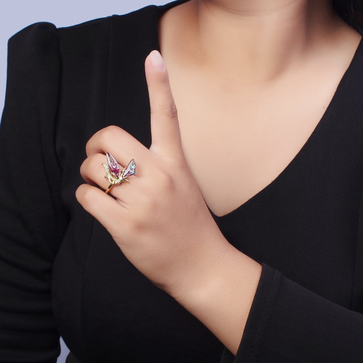 Micro Paved Antenna Butterfly Fairy Fuchsia, Blue Wings Adjustable Ring | Y-398 Y-399 - DLUXCA