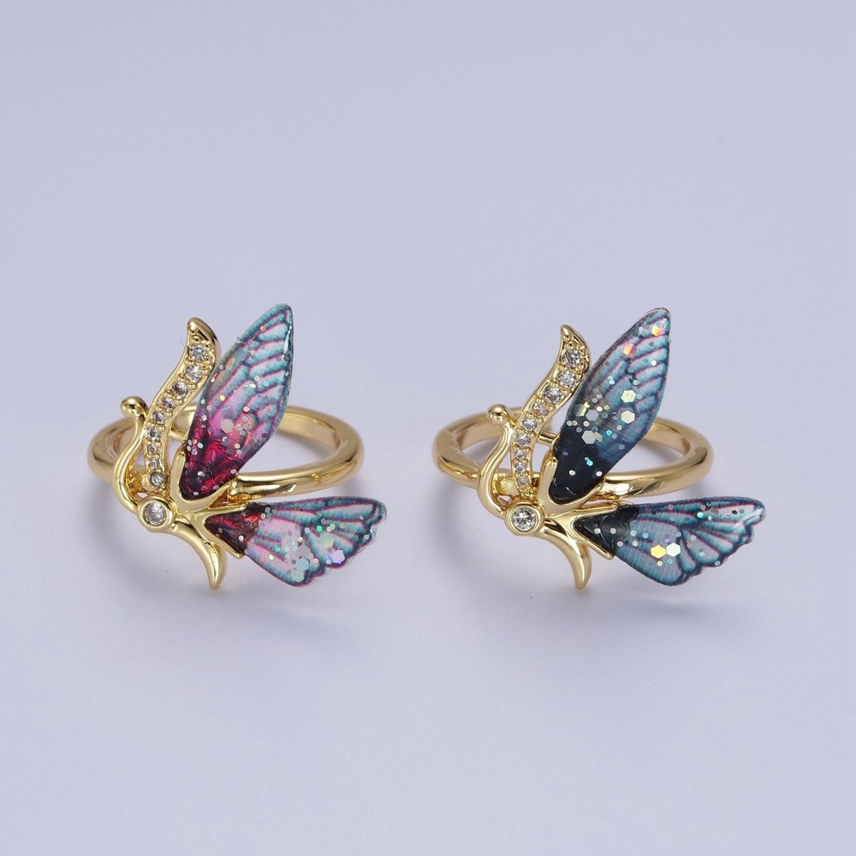 Micro Paved Antenna Butterfly Fairy Fuchsia, Blue Wings Adjustable Ring | Y-398 Y-399 - DLUXCA