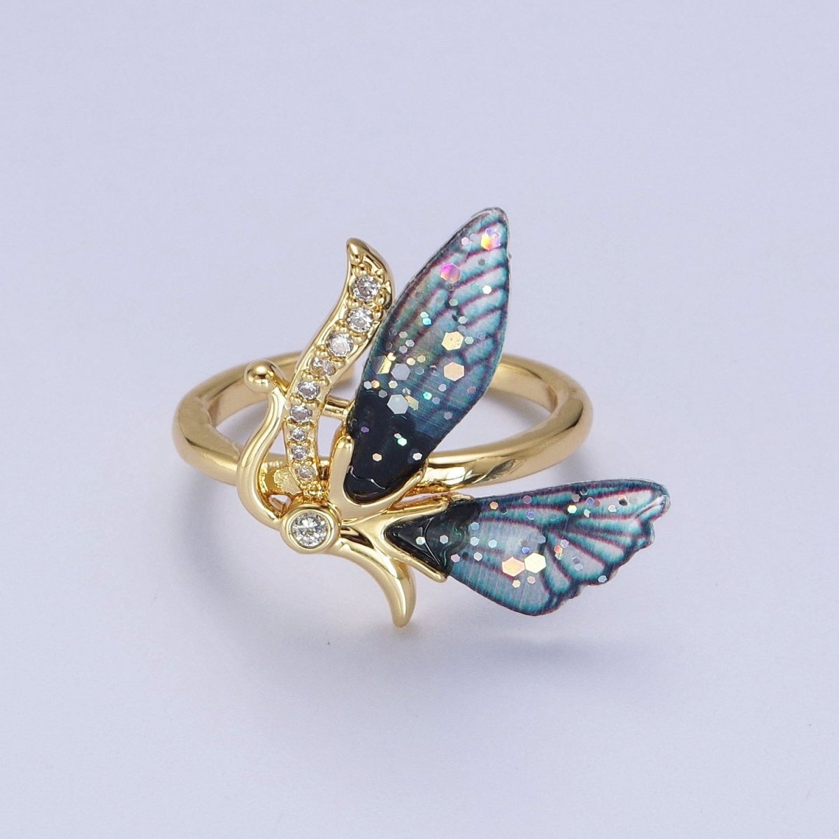 Micro Paved Antenna Butterfly Fairy Fuchsia, Blue Wings Adjustable Ring | Y-398 Y-399 - DLUXCA