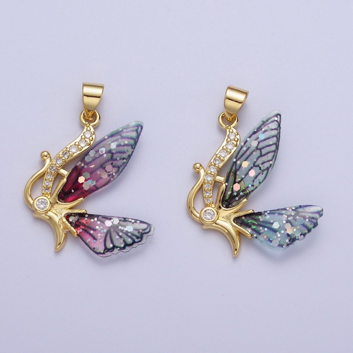 Micro Paved Antenna Butterfly Fairy Fuchsia, Blue Wings Pendant H-063 H-640 - DLUXCA