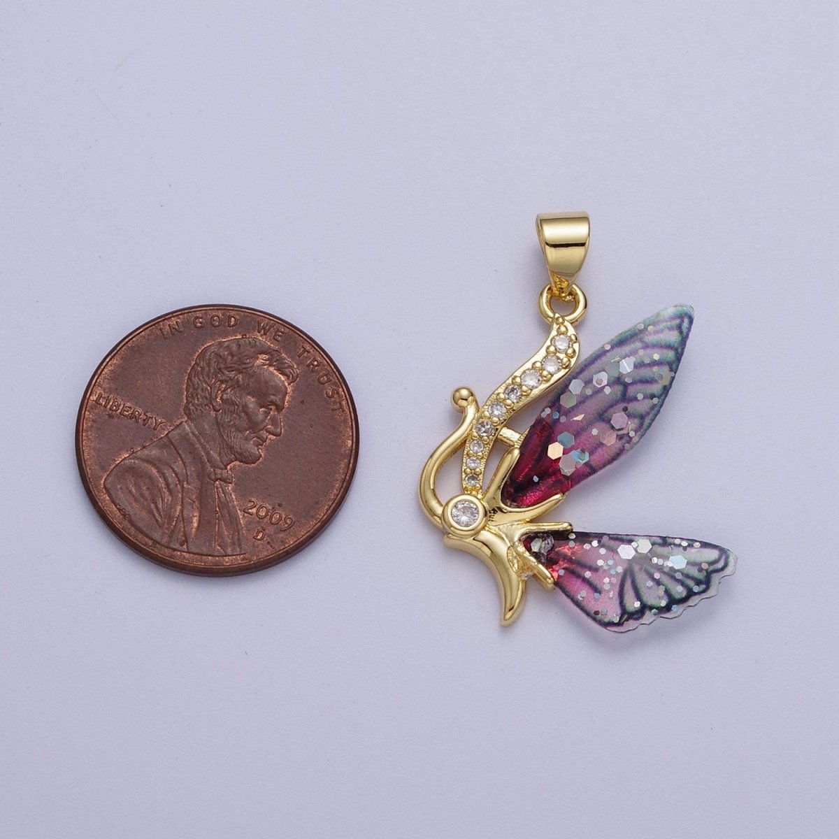 Micro Paved Antenna Butterfly Fairy Fuchsia, Blue Wings Pendant H-063 H-640 - DLUXCA
