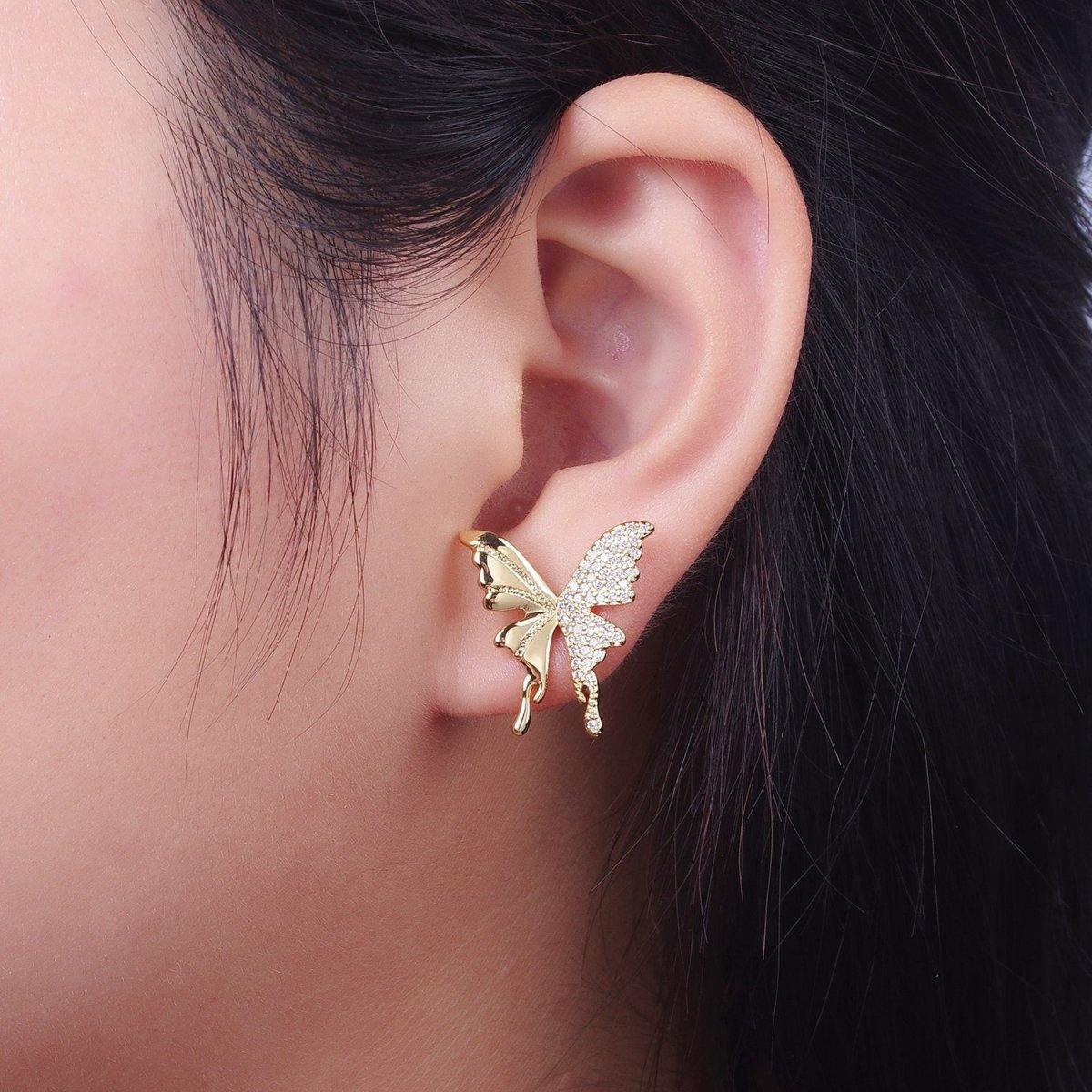 Micro Paved Butterfly Wings Gold, Silver Stud Earrings | Y-197 Y-198 - DLUXCA