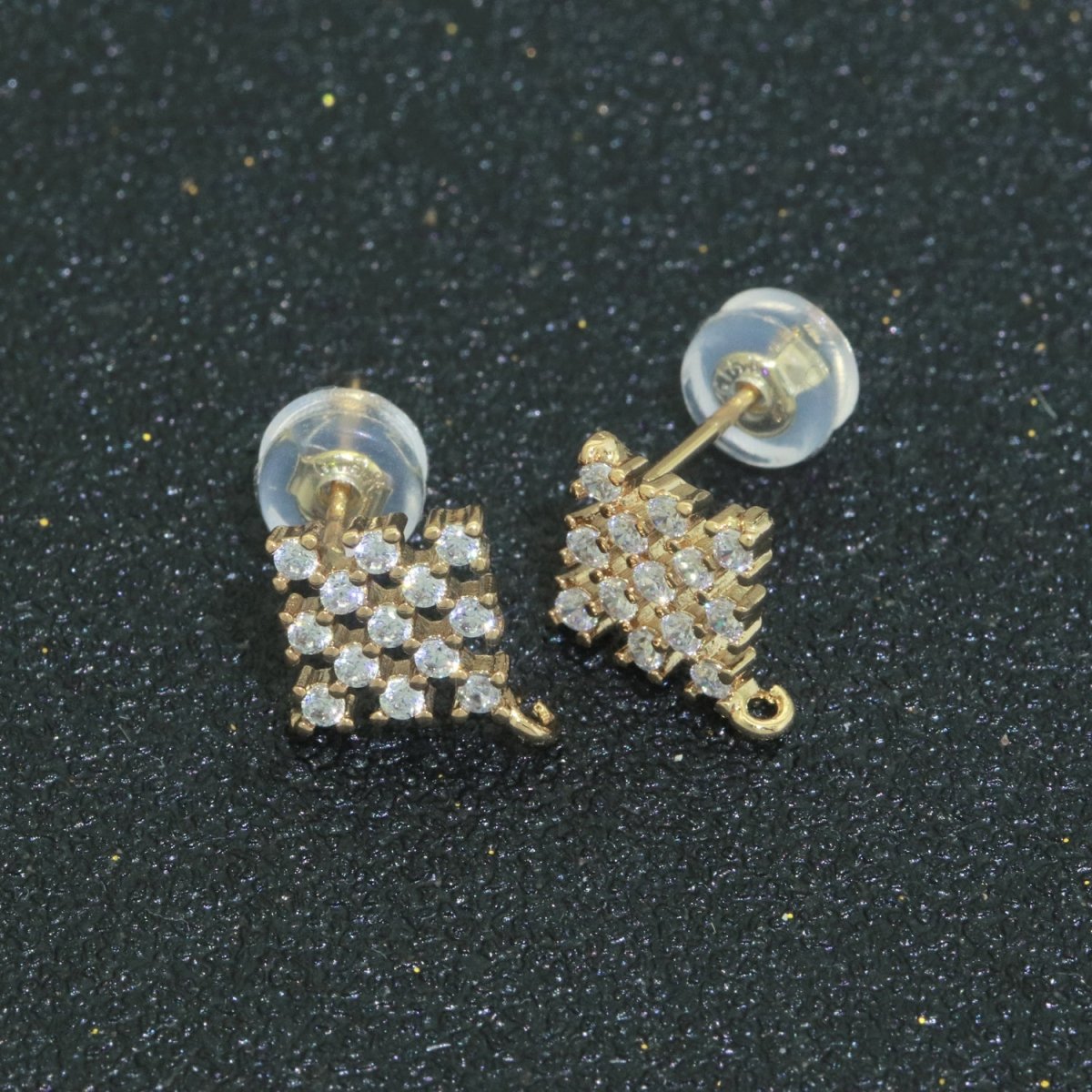 Micro Paved Clear Cubic Zirconia Checkered Rhombus Gold Studs Open Loop Drop Earrings Supply L-490 - DLUXCA