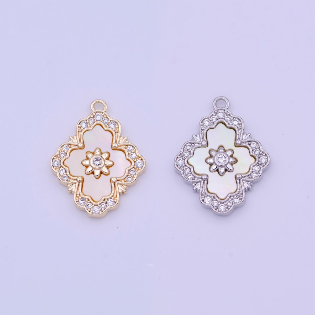 Micro Paved Clear CZ Flower Shell Pearl Gold & Silver Charm | A-932 to A-933 - DLUXCA