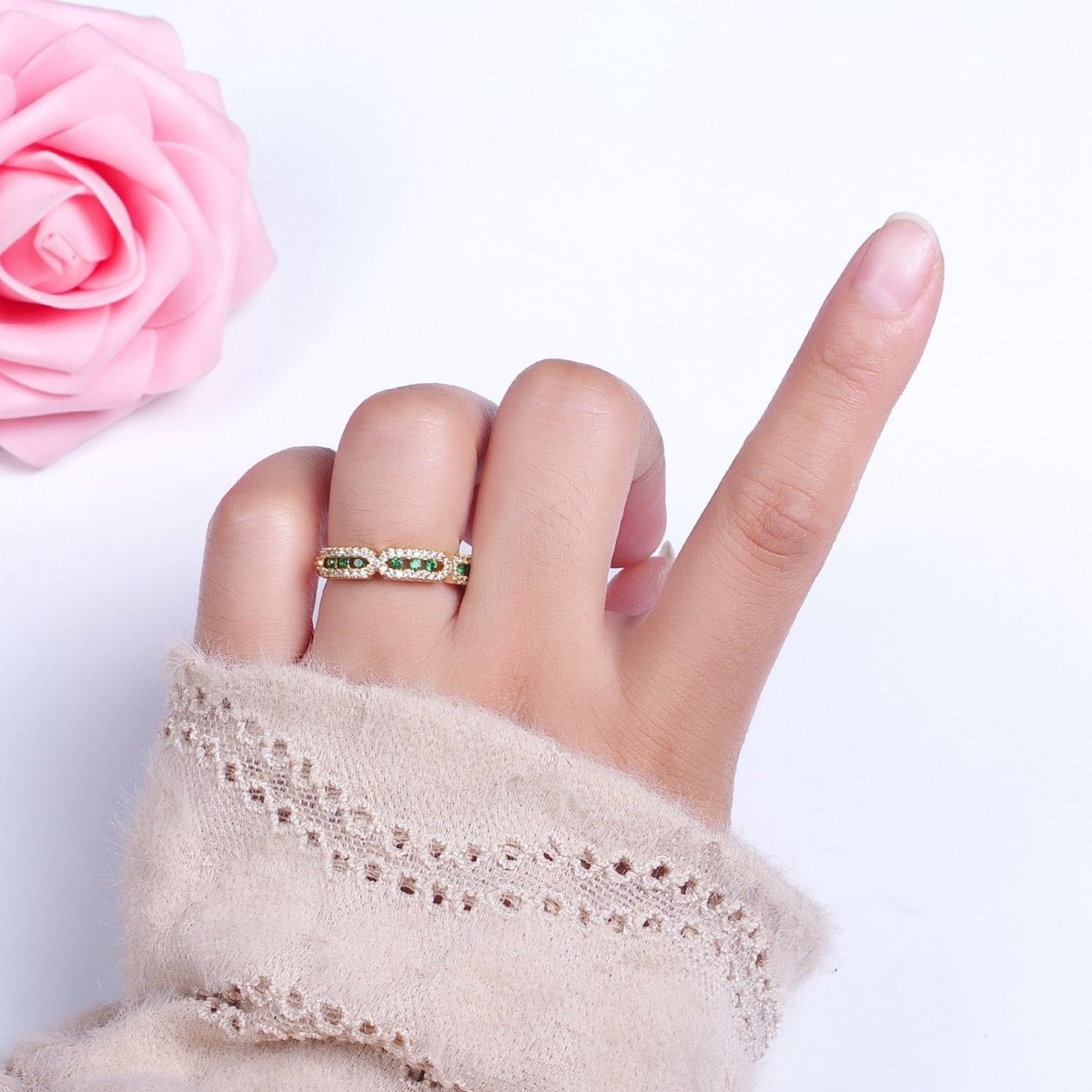 Micro Paved Clear, Green, Fuchsia Rectangular Hexagon Geometric Ring | Y-331~Y-333 - DLUXCA