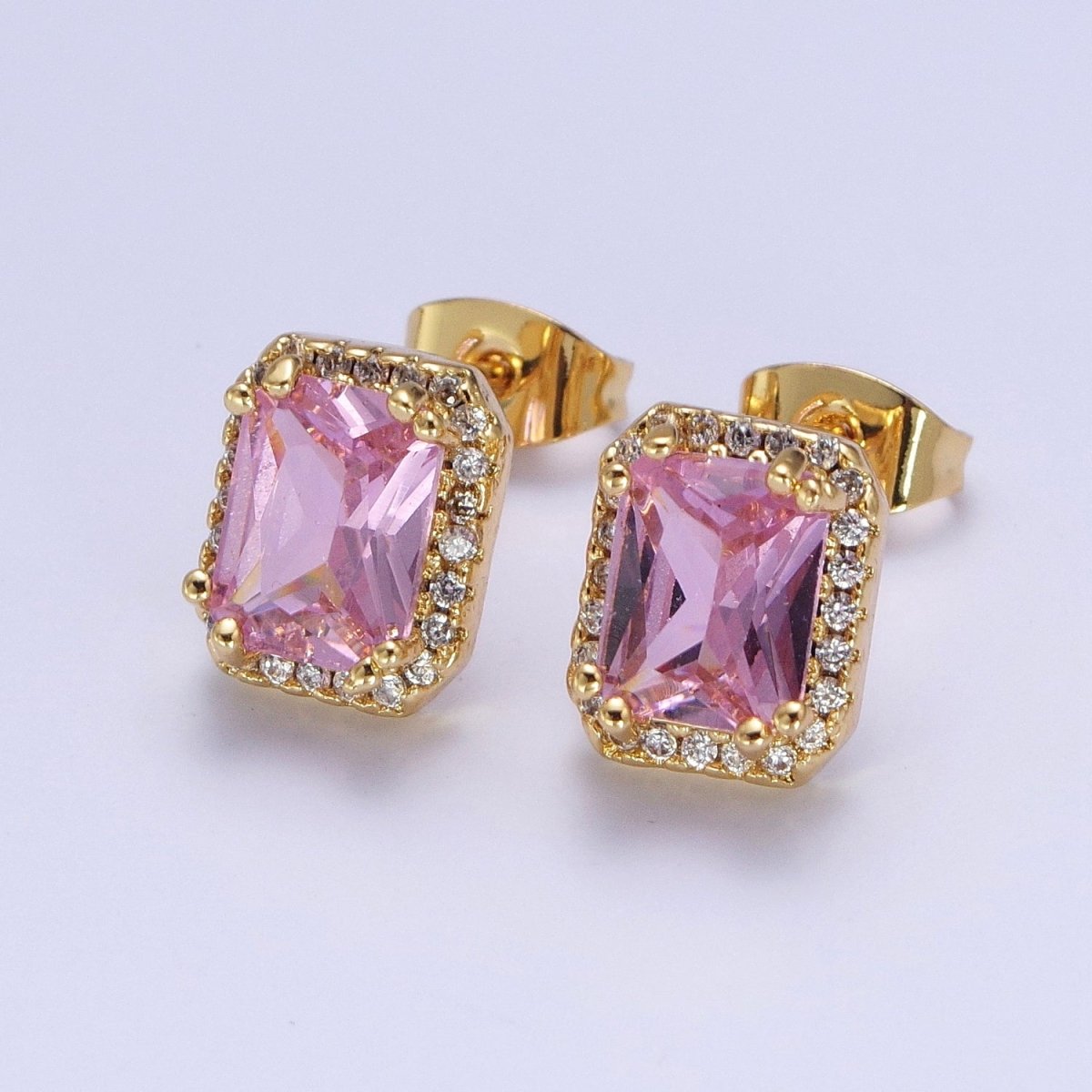 Micro Paved Clear Pink Purple Green Baguette Cubic Zirconia Gold Stud Earrings | X-896-X-899 - DLUXCA