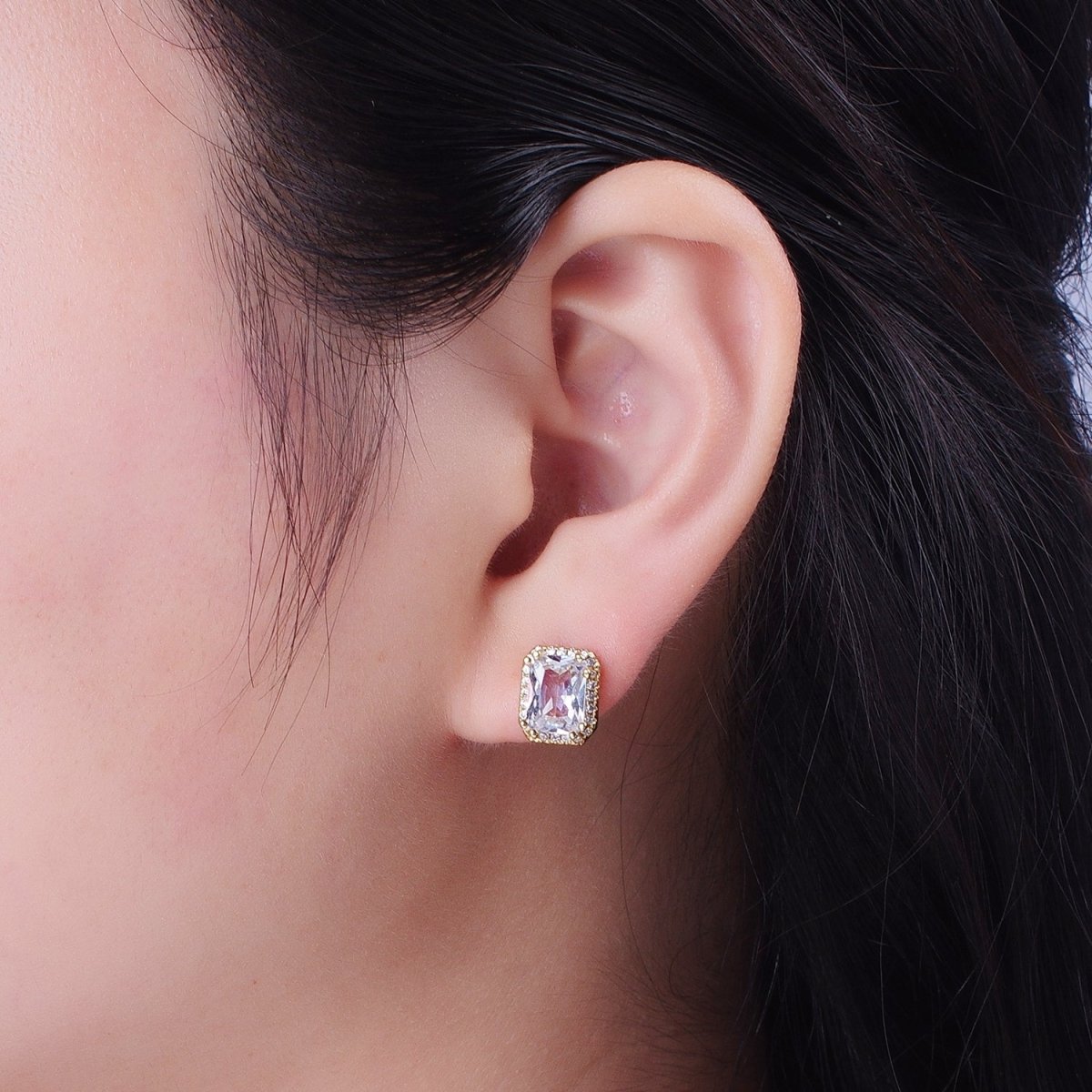 Micro Paved Clear Pink Purple Green Baguette Cubic Zirconia Gold Stud Earrings | X-896-X-899 - DLUXCA