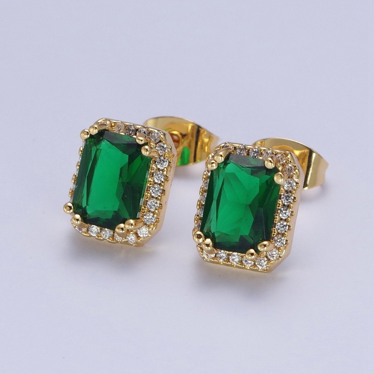 Micro Paved Clear Pink Purple Green Baguette Cubic Zirconia Gold Stud Earrings | X-896-X-899 - DLUXCA
