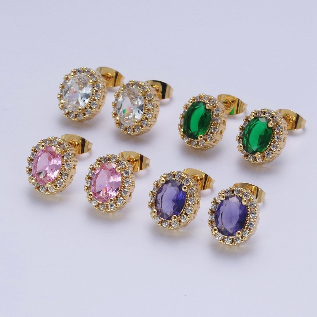 Micro Paved Clear Pink Purple Green Oval Gold Stud Earrings | X-900-X-903 - DLUXCA