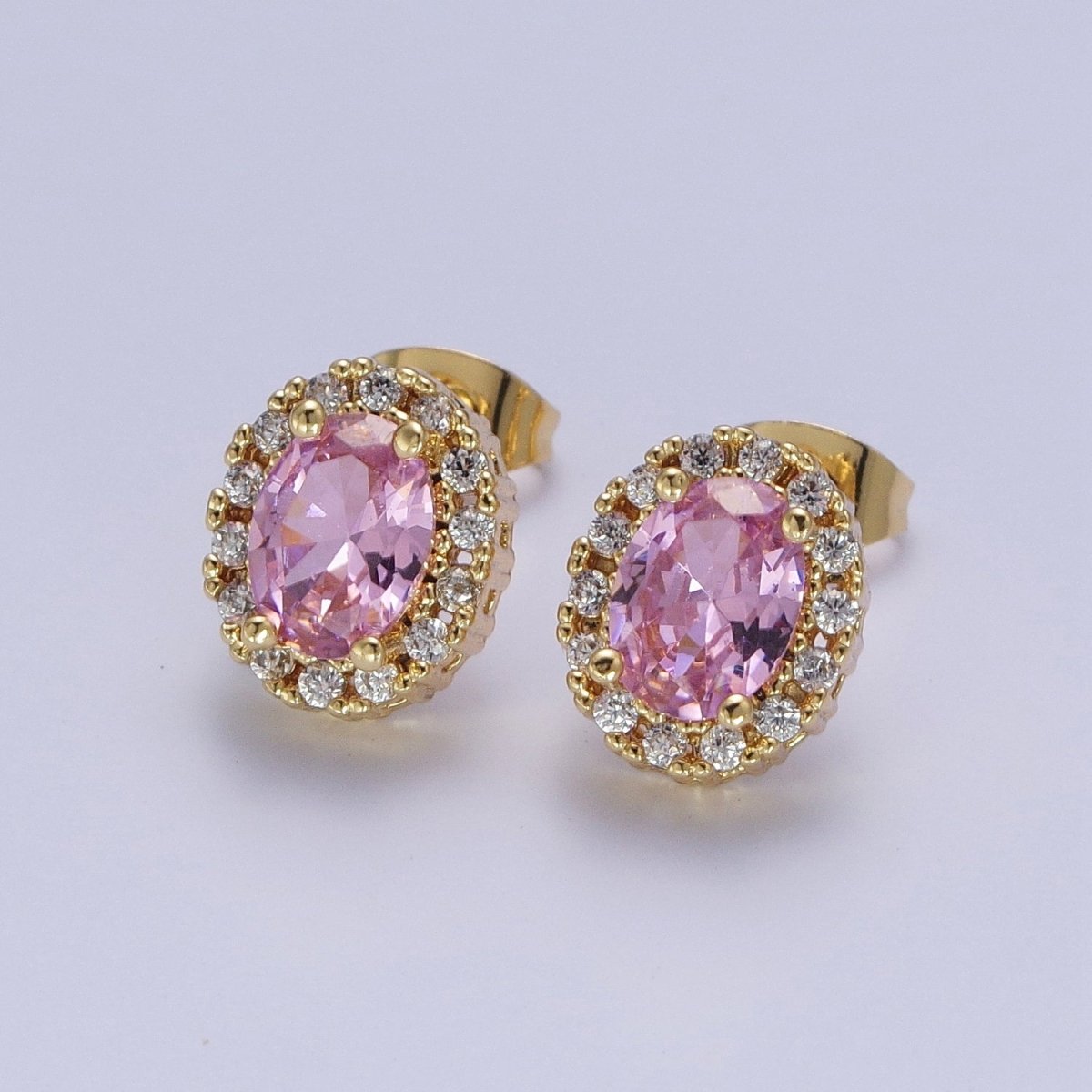 Micro Paved Clear Pink Purple Green Oval Gold Stud Earrings | X-900-X-903 - DLUXCA