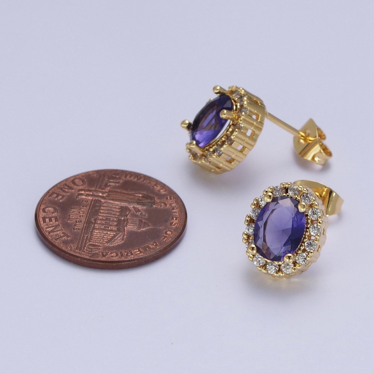 Micro Paved Clear Pink Purple Green Oval Gold Stud Earrings | X-900-X-903 - DLUXCA