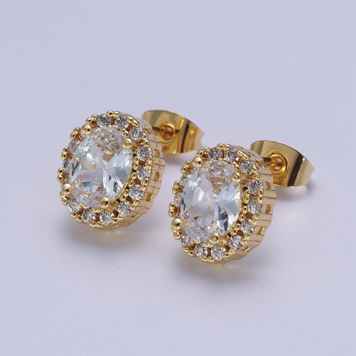 Micro Paved Clear Pink Purple Green Oval Gold Stud Earrings | X-900-X-903 - DLUXCA