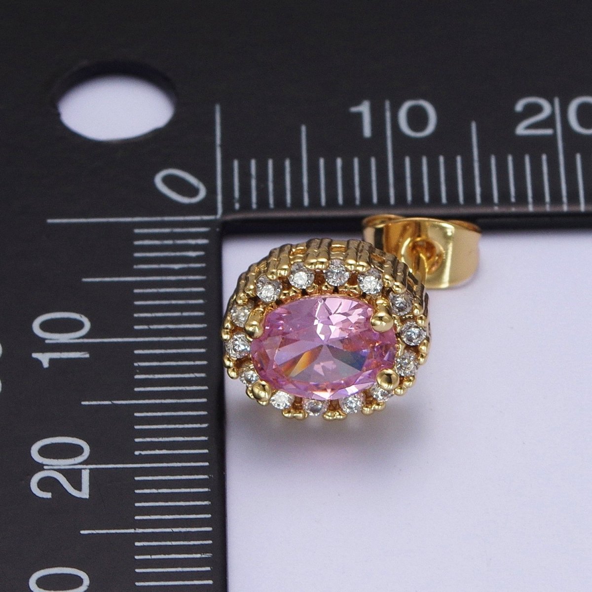 Micro Paved Clear Pink Purple Green Oval Gold Stud Earrings | X-900-X-903 - DLUXCA